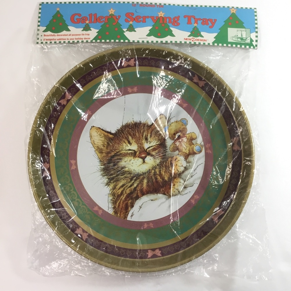 New Vtg 1993 Christmas Tin Tray Loving Friends Kitten Cat Bear